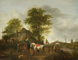 A landscape with a cottage and horsemen